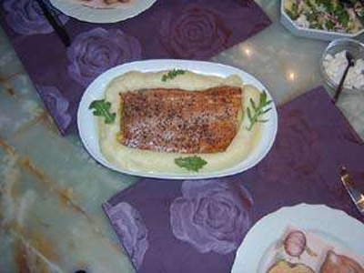 Lemon pepper smoked salmon or sea trout with mashed potatoes