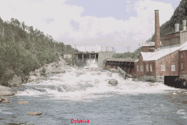 The river's outlet in the fjord before the fire in 1985