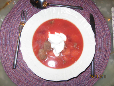 Borscht soup cooked on Osso Buco with Danish root vegetables
