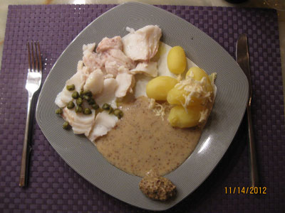 Boiled cod with mustard sauce