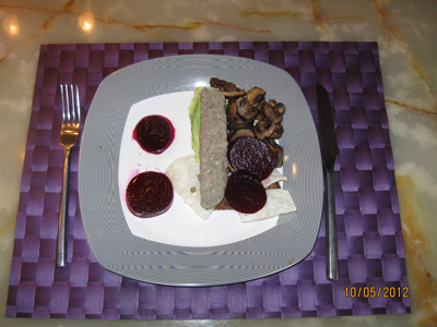 Rye bread with liver pate, beetroot and mushrooms