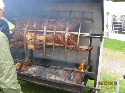 Helstegt 80 kg gris over bål i en kæmpe grill