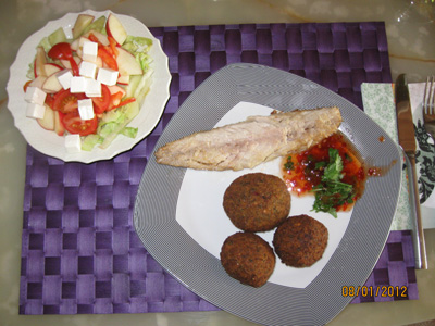 Smoked mackerel with Falafel, Hummus and green salad