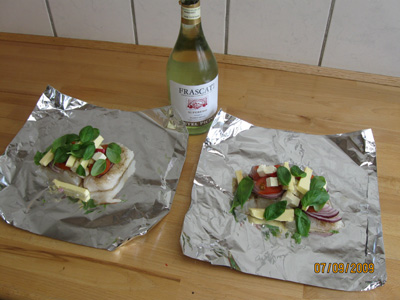 Cod baked in tin foil with Feta cheese. Here only for 2