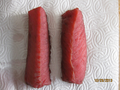 Cod fillet dyed in beetroot juice 