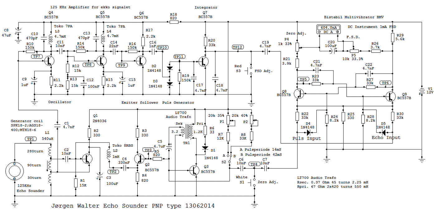 Det elektriske diagram for 125 kHz ekkolod med PNP transistorer