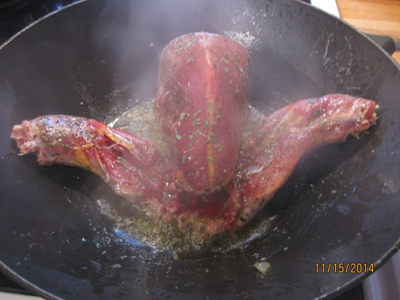 The pheasant is browned here in a cast iron pot with high sides. Only room for one pheasant at a time