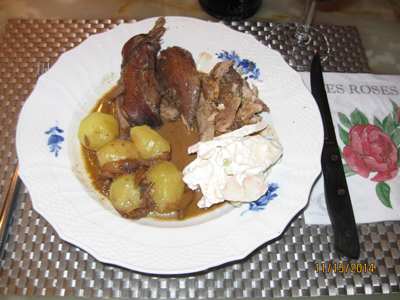 Pheasant in Port Wine Sauce served with small potatoes and Waldorf salad