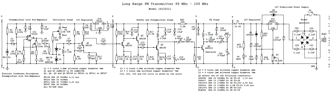 Long Range FM Transmitter with Pre-Emphasis Amplifier