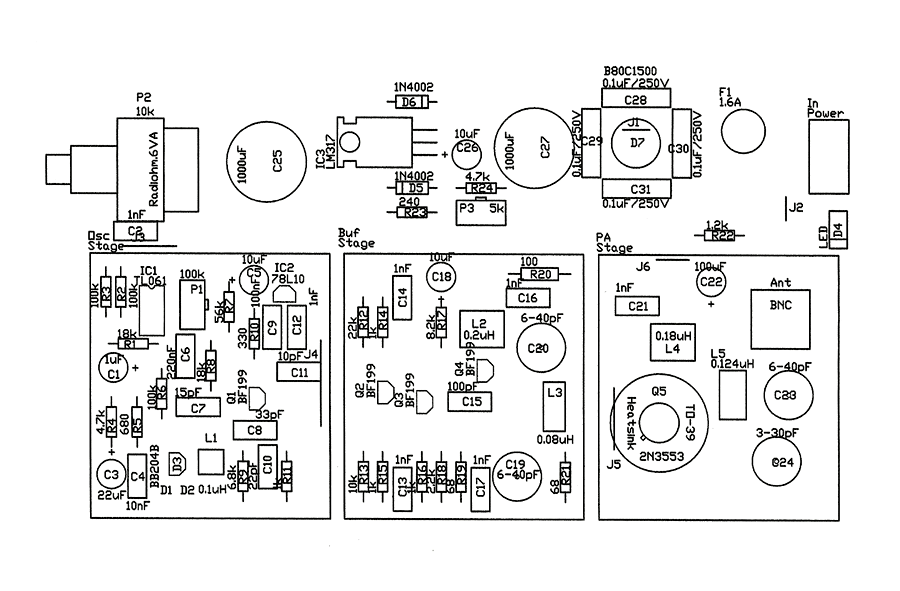 PCB lay-out for Long Range FM Transmitter
and Drill drawing for Teko metal boxes