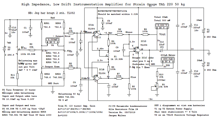 Instrumentation Amplifier for Strain Gauge 50 kg with 2 x TL082