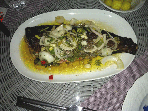 Roasted rainbow trout with spicy greens served on a platter 