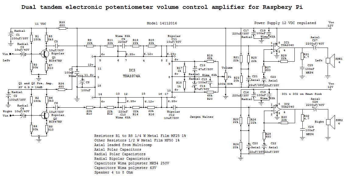 Dual tandem electronic potentiometer volume control amplifier for Raspberry Pi med TDA2040