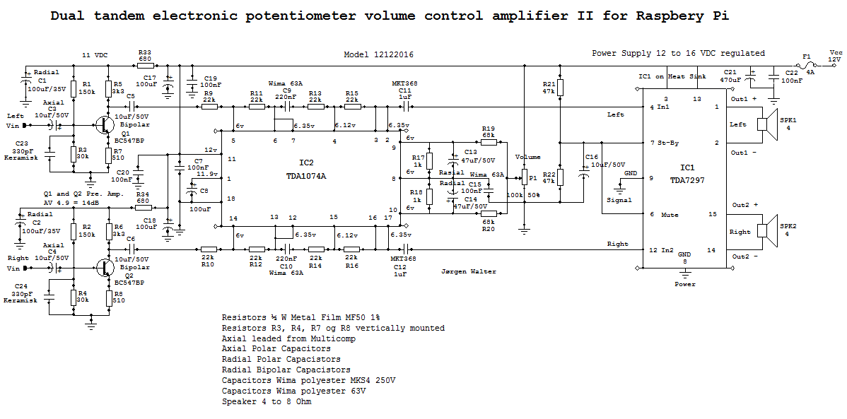Dual tandem electronic potentiometer volume control amplifier for Raspberry Pi med TDA7297